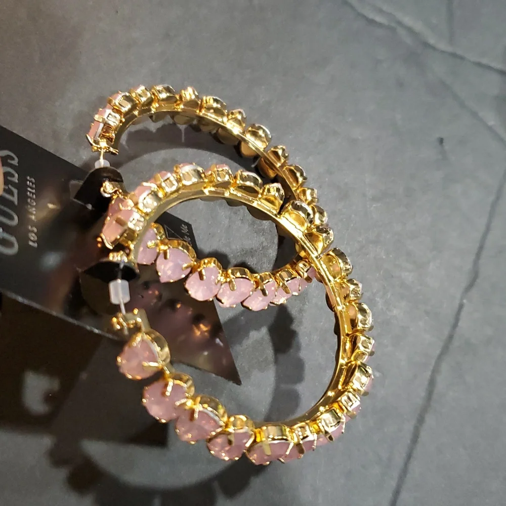 Guess pink crystal gemstone studded bling hoop earrings brand‎ new